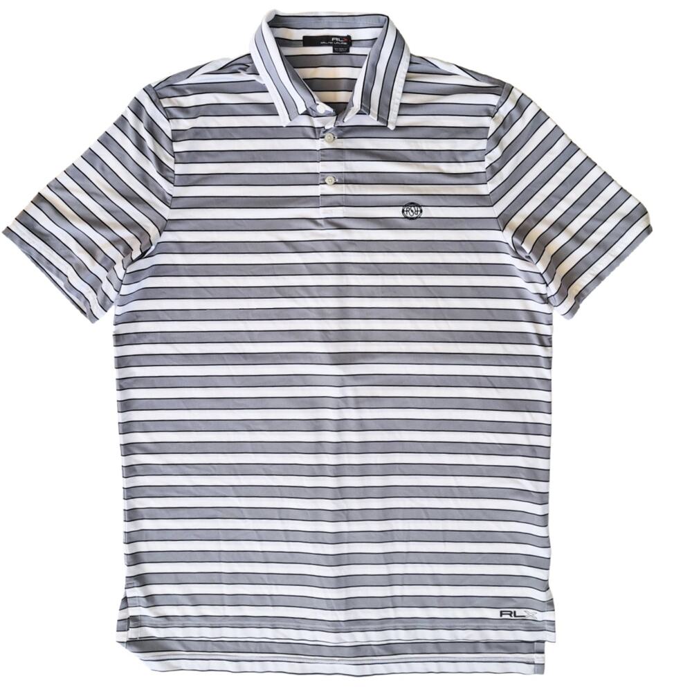 RLX Polo Ralph Lauren Mens Large Striped Golf Shirt Gray White Black Wicking